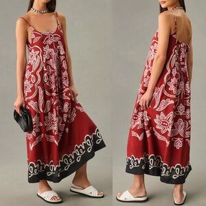 Anthropologie Square-Neck Pleated Dress Maxi Red Floral size XSP